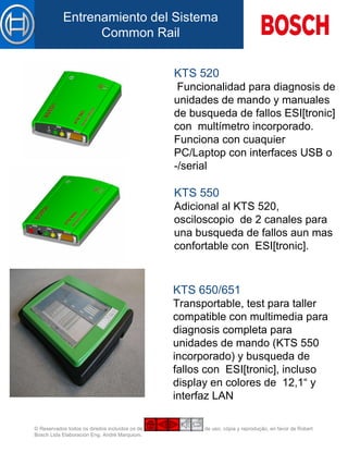 KTS 520  Funcionalidad para diagnosis de unidades de mando y manuales de busqueda de fallos ESI[tronic] con  multímetro incorporado. Funciona con cuaquier PC/Laptop con interfaces USB o -/serial KTS 550 Adicional al KTS 520, osciloscopio  de 2 canales para una busqueda de fallos aun mas confortable con  ESI[tronic]. KTS 650/651 Transportable, test para taller compatible con multimedia para diagnosis completa para unidades de mando (KTS 550 incorporado) y busqueda de fallos con  ESI[tronic], incluso display en colores de  12,1“ y interfaz LAN 