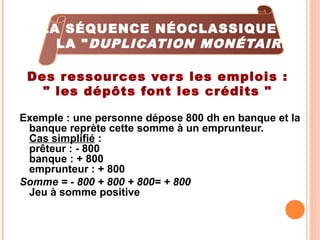 Des ressources vers les emplois :
" les dépôts font les crédits "
Exemple : une personne dépose 800 dh en banque et la
ban...
