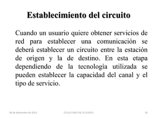Establecimiento del circuito
Cuando un usuario quiere obtener servicios de
red para establecer una comunicación se
deberá establecer un circuito entre la estación
de origen y la de destino. En esta etapa
dependiendo de la tecnología utilizada se
pueden establecer la capacidad del canal y el
tipo de servicio.

06 de Noviembre de 2013

TELECOMUNICACIONES

26

 