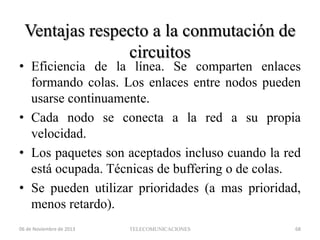 Ventajas respecto a la conmutación de
circuitos

• Eficiencia de la línea. Se comparten enlaces
formando colas. Los enlaces entre nodos pueden
usarse continuamente.
• Cada nodo se conecta a la red a su propia
velocidad.
• Los paquetes son aceptados incluso cuando la red
está ocupada. Técnicas de buffering o de colas.
• Se pueden utilizar prioridades (a mas prioridad,
menos retardo).
06 de Noviembre de 2013

TELECOMUNICACIONES

68

 