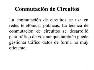 Conmutación de Circuitos
La conmutación de circuitos se usa en
redes telefónicas públicas. La técnica de
conmutación de circuitos se desarrolló
para tráfico de voz aunque también puede
gestionar tráfico datos de forma no muy
eficiente.

8

 
