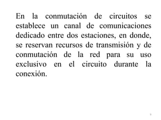 En la conmutación de circuitos se
establece un canal de comunicaciones
dedicado entre dos estaciones, en donde,
se reservan recursos de transmisión y de
conmutación de la red para su uso
exclusivo en el circuito durante la
conexión.

9

 