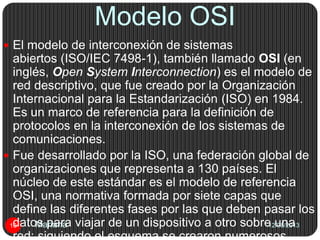 Modelo OSI
12/08/2013Mariana10
 El modelo de interconexión de sistemas
abiertos (ISO/IEC 7498-1), también llamado OSI (en
inglés, Open System Interconnection) es el modelo de
red descriptivo, que fue creado por la Organización
Internacional para la Estandarización (ISO) en 1984.
Es un marco de referencia para la definición de
protocolos en la interconexión de los sistemas de
comunicaciones.
 Fue desarrollado por la ISO, una federación global de
organizaciones que representa a 130 países. El
núcleo de este estándar es el modelo de referencia
OSI, una normativa formada por siete capas que
define las diferentes fases por las que deben pasar los
datos para viajar de un dispositivo a otro sobre una
red; siguiendo el esquema se crearon numerosos
 