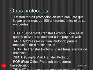 Otros protocolos
12/08/2013Itza19
 Existen tantos protocolos en este conjunto que
llegan a ser más de 100 diferentes entre ellos se
encuentra:
 HTTP (HyperText Transfer Protocol), que es el
que se utiliza para acceder a las páginas web
 ARP (Address Resolution Protocol) para la
resolución de direcciones, el
 FTP(File Transfer Protocol) para transferencia de
archivos
 SMTP (Simple Mail Transfer Protocol)
 POP (Post Office Protocol) para correo
electrónico
 