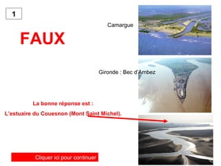 FAUX   La bonne réponse est : L’estuaire du Couesnon (Mont Saint Michel). Cliquer ici pour continuer 1 Camargue Gironde : ...