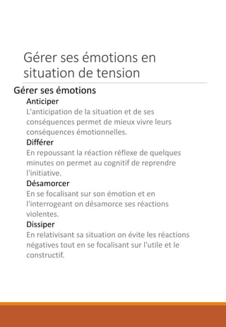 Gérer ses émotions en
situation de tension
Gérer ses émotions
Anticiper
L'anticipation de la situation et de ses
conséquences permet de mieux vivre leurs
conséquences émotionnelles.
Différer
En repoussant la réaction réflexe de quelques
minutes on permet au cognitif de reprendre
l'initiative.
Désamorcer
En se focalisant sur son émotion et en
l'interrogeant on désamorce ses réactions
violentes.
Dissiper
En relativisant sa situation on évite les réactions
négatives tout en se focalisant sur l'utile et le
constructif.
 