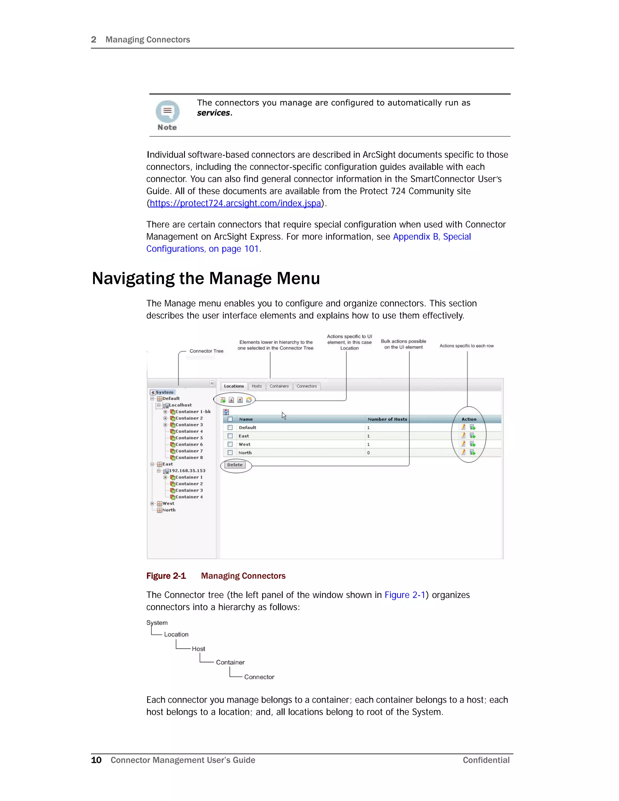 2 Managing Connectors
10 Connector Management User’s Guide Confidential
Individual software-based connectors are described in ArcSight documents specific to those
connectors, including the connector-specific configuration guides available with each
connector. You can also find general connector information in the SmartConnector User’s
Guide. All of these documents are available from the Protect 724 Community site
(https://protect724.arcsight.com/index.jspa).
There are certain connectors that require special configuration when used with Connector
Management on ArcSight Express. For more information, see Appendix B‚ Special
Configurations‚ on page 101.
Navigating the Manage Menu
The Manage menu enables you to configure and organize connectors. This section
describes the user interface elements and explains how to use them effectively.
Figure 2-1 Managing Connectors
The Connector tree (the left panel of the window shown in Figure 2-1) organizes
connectors into a hierarchy as follows:
Each connector you manage belongs to a container; each container belongs to a host; each
host belongs to a location; and, all locations belong to root of the System.
The connectors you manage are configured to automatically run as
services.
 