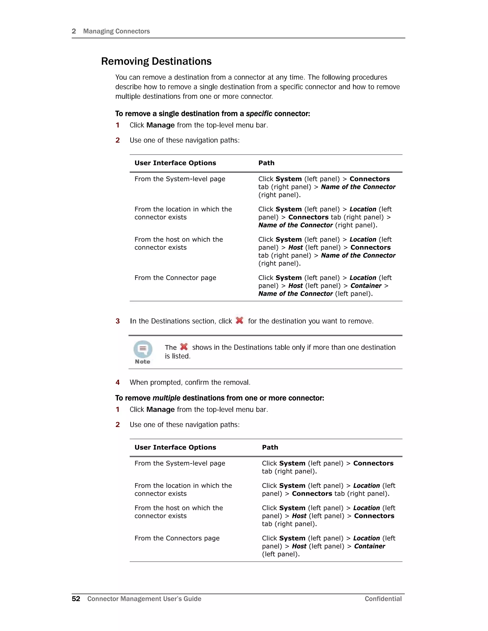 2 Managing Connectors
52 Connector Management User’s Guide Confidential
Removing Destinations
You can remove a destination from a connector at any time. The following procedures
describe how to remove a single destination from a specific connector and how to remove
multiple destinations from one or more connector.
To remove a single destination from a specific connector:
1 Click Manage from the top-level menu bar.
2 Use one of these navigation paths:
3 In the Destinations section, click for the destination you want to remove.
4 When prompted, confirm the removal.
To remove multiple destinations from one or more connector:
1 Click Manage from the top-level menu bar.
2 Use one of these navigation paths:
User Interface Options Path
From the System-level page Click System (left panel) > Connectors
tab (right panel) > Name of the Connector
(right panel).
From the location in which the
connector exists
Click System (left panel) > Location (left
panel) > Connectors tab (right panel) >
Name of the Connector (right panel).
From the host on which the
connector exists
Click System (left panel) > Location (left
panel) > Host (left panel) > Connectors
tab (right panel) > Name of the Connector
(right panel).
From the Connector page Click System (left panel) > Location (left
panel) > Host (left panel) > Container >
Name of the Connector (left panel).
The shows in the Destinations table only if more than one destination
is listed.
User Interface Options Path
From the System-level page Click System (left panel) > Connectors
tab (right panel).
From the location in which the
connector exists
Click System (left panel) > Location (left
panel) > Connectors tab (right panel).
From the host on which the
connector exists
Click System (left panel) > Location (left
panel) > Host (left panel) > Connectors
tab (right panel).
From the Connectors page Click System (left panel) > Location (left
panel) > Host (left panel) > Container
(left panel).
 