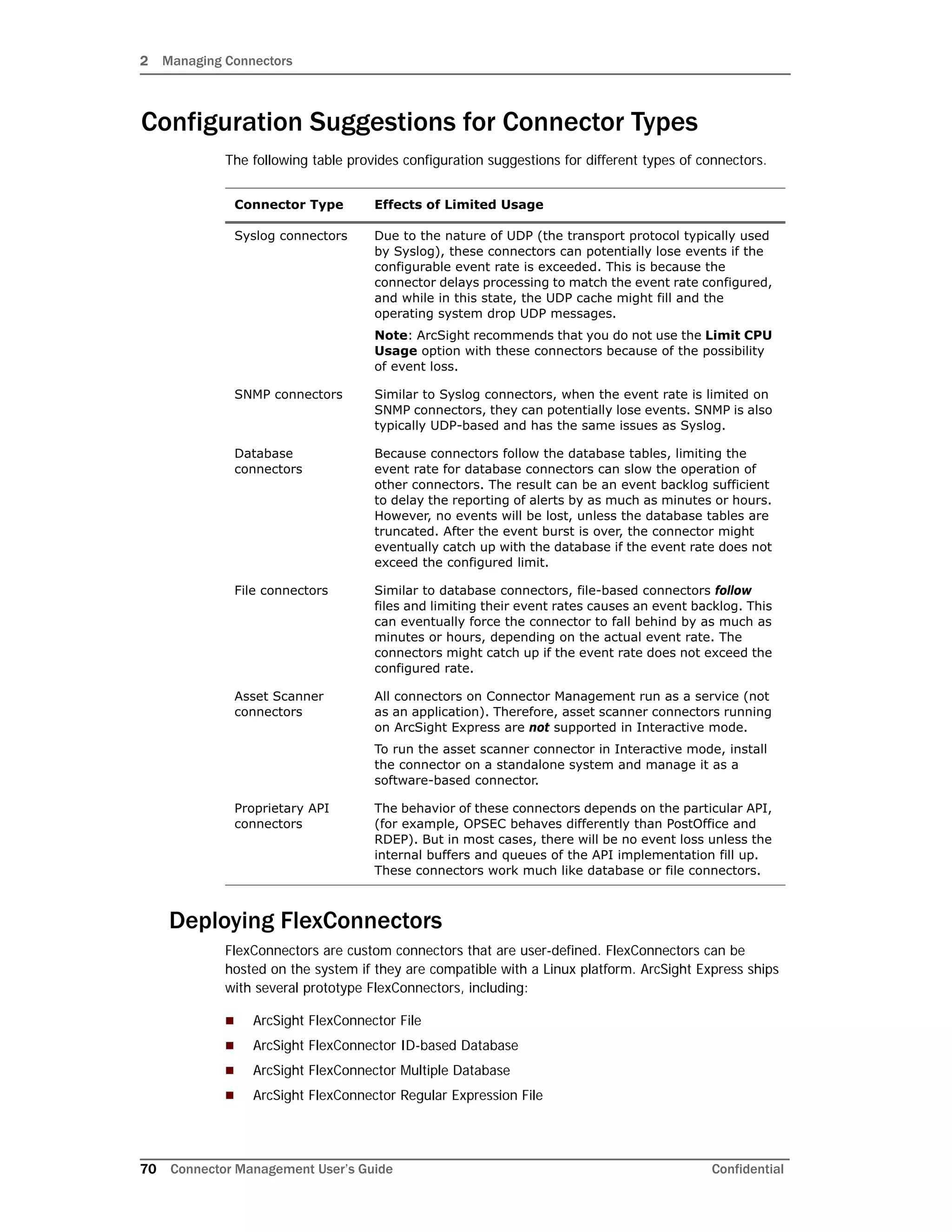 2 Managing Connectors
70 Connector Management User’s Guide Confidential
Configuration Suggestions for Connector Types
The following table provides configuration suggestions for different types of connectors.
Deploying FlexConnectors
FlexConnectors are custom connectors that are user-defined. FlexConnectors can be
hosted on the system if they are compatible with a Linux platform. ArcSight Express ships
with several prototype FlexConnectors, including:
 ArcSight FlexConnector File
 ArcSight FlexConnector ID-based Database
 ArcSight FlexConnector Multiple Database
 ArcSight FlexConnector Regular Expression File
Connector Type Effects of Limited Usage
Syslog connectors Due to the nature of UDP (the transport protocol typically used
by Syslog), these connectors can potentially lose events if the
configurable event rate is exceeded. This is because the
connector delays processing to match the event rate configured,
and while in this state, the UDP cache might fill and the
operating system drop UDP messages.
Note: ArcSight recommends that you do not use the Limit CPU
Usage option with these connectors because of the possibility
of event loss.
SNMP connectors Similar to Syslog connectors, when the event rate is limited on
SNMP connectors, they can potentially lose events. SNMP is also
typically UDP-based and has the same issues as Syslog.
Database
connectors
Because connectors follow the database tables, limiting the
event rate for database connectors can slow the operation of
other connectors. The result can be an event backlog sufficient
to delay the reporting of alerts by as much as minutes or hours.
However, no events will be lost, unless the database tables are
truncated. After the event burst is over, the connector might
eventually catch up with the database if the event rate does not
exceed the configured limit.
File connectors Similar to database connectors, file-based connectors follow
files and limiting their event rates causes an event backlog. This
can eventually force the connector to fall behind by as much as
minutes or hours, depending on the actual event rate. The
connectors might catch up if the event rate does not exceed the
configured rate.
Asset Scanner
connectors
All connectors on Connector Management run as a service (not
as an application). Therefore, asset scanner connectors running
on ArcSight Express are not supported in Interactive mode.
To run the asset scanner connector in Interactive mode, install
the connector on a standalone system and manage it as a
software-based connector.
Proprietary API
connectors
The behavior of these connectors depends on the particular API,
(for example, OPSEC behaves differently than PostOffice and
RDEP). But in most cases, there will be no event loss unless the
internal buffers and queues of the API implementation fill up.
These connectors work much like database or file connectors.
 