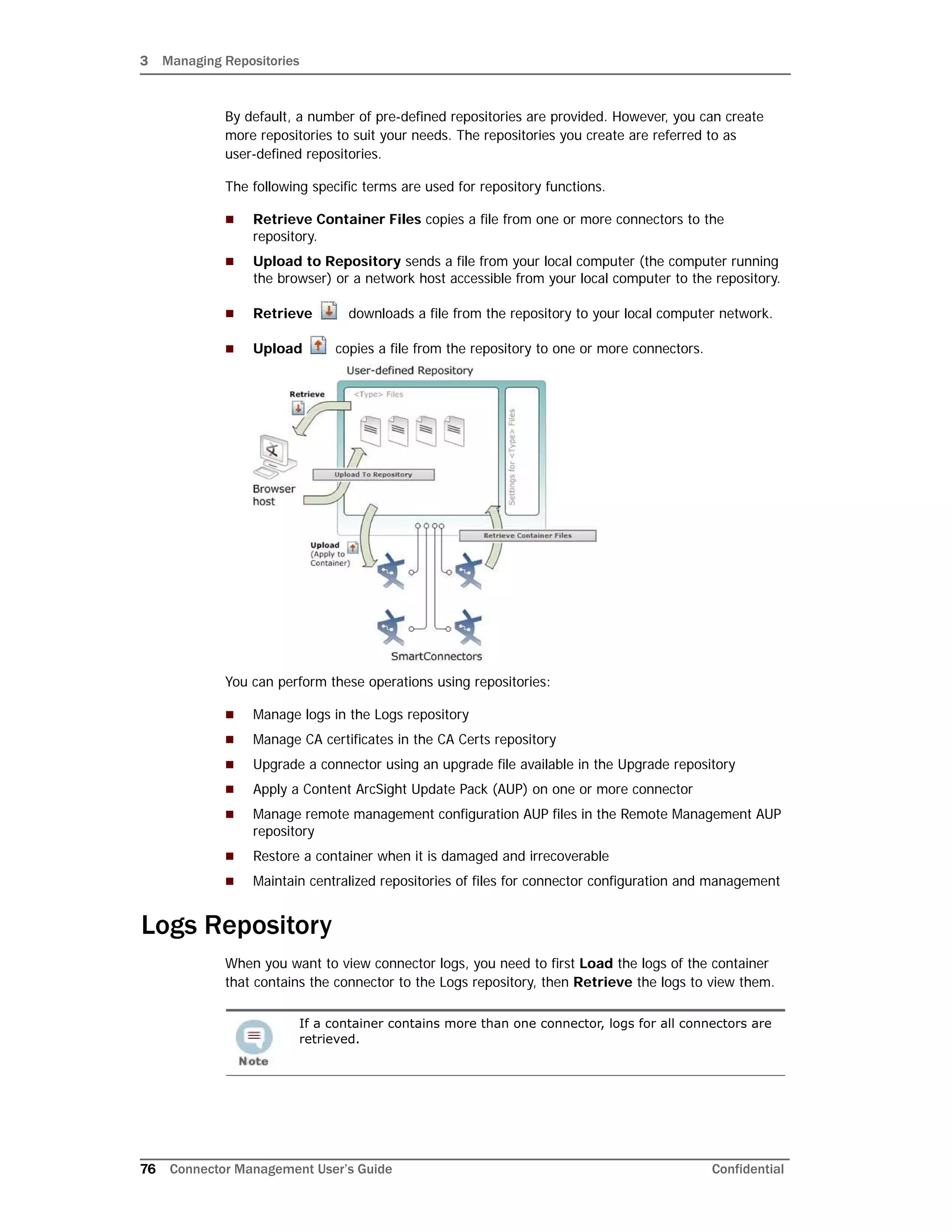 3 Managing Repositories
76 Connector Management User’s Guide Confidential
By default, a number of pre-defined repositories are provided. However, you can create
more repositories to suit your needs. The repositories you create are referred to as
user-defined repositories.
The following specific terms are used for repository functions.
 Retrieve Container Files copies a file from one or more connectors to the
repository.
 Upload to Repository sends a file from your local computer (the computer running
the browser) or a network host accessible from your local computer to the repository.
 Retrieve downloads a file from the repository to your local computer network.
 Upload copies a file from the repository to one or more connectors.
You can perform these operations using repositories:
 Manage logs in the Logs repository
 Manage CA certificates in the CA Certs repository
 Upgrade a connector using an upgrade file available in the Upgrade repository
 Apply a Content ArcSight Update Pack (AUP) on one or more connector
 Manage remote management configuration AUP files in the Remote Management AUP
repository
 Restore a container when it is damaged and irrecoverable
 Maintain centralized repositories of files for connector configuration and management
Logs Repository
When you want to view connector logs, you need to first Load the logs of the container
that contains the connector to the Logs repository, then Retrieve the logs to view them.
If a container contains more than one connector, logs for all connectors are
retrieved.
 