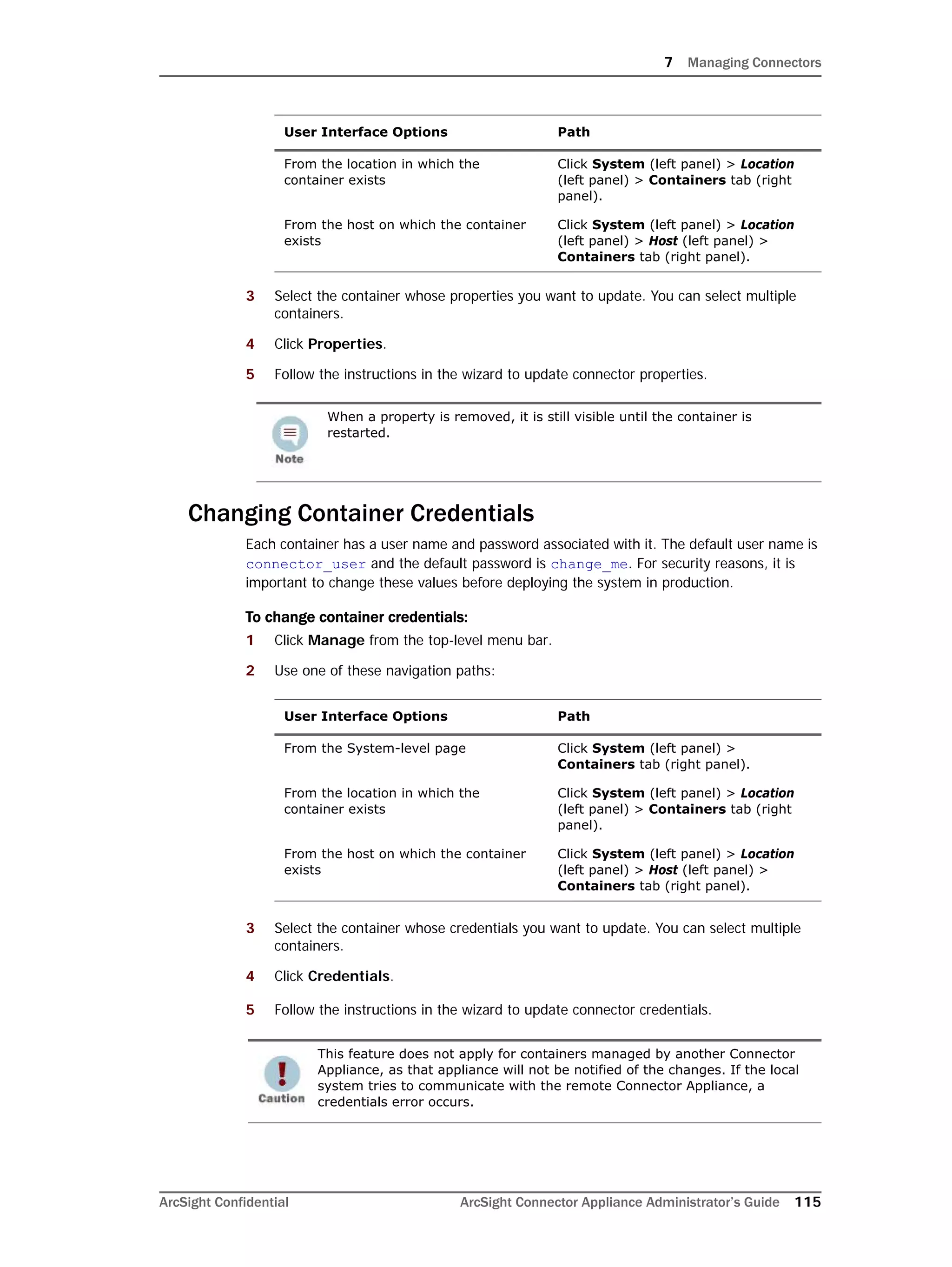 7 Managing Connectors
ArcSight Confidential ArcSight Connector Appliance Administrator’s Guide 115
3 Select the container whose properties you want to update. You can select multiple
containers.
4 Click Properties.
5 Follow the instructions in the wizard to update connector properties.
Changing Container Credentials
Each container has a user name and password associated with it. The default user name is
connector_user and the default password is change_me. For security reasons, it is
important to change these values before deploying the system in production.
To change container credentials:
1 Click Manage from the top-level menu bar.
2 Use one of these navigation paths:
3 Select the container whose credentials you want to update. You can select multiple
containers.
4 Click Credentials.
5 Follow the instructions in the wizard to update connector credentials.
From the location in which the
container exists
Click System (left panel) > Location
(left panel) > Containers tab (right
panel).
From the host on which the container
exists
Click System (left panel) > Location
(left panel) > Host (left panel) >
Containers tab (right panel).
When a property is removed, it is still visible until the container is
restarted.
User Interface Options Path
From the System-level page Click System (left panel) >
Containers tab (right panel).
From the location in which the
container exists
Click System (left panel) > Location
(left panel) > Containers tab (right
panel).
From the host on which the container
exists
Click System (left panel) > Location
(left panel) > Host (left panel) >
Containers tab (right panel).
This feature does not apply for containers managed by another Connector
Appliance, as that appliance will not be notified of the changes. If the local
system tries to communicate with the remote Connector Appliance, a
credentials error occurs.
User Interface Options Path
 
