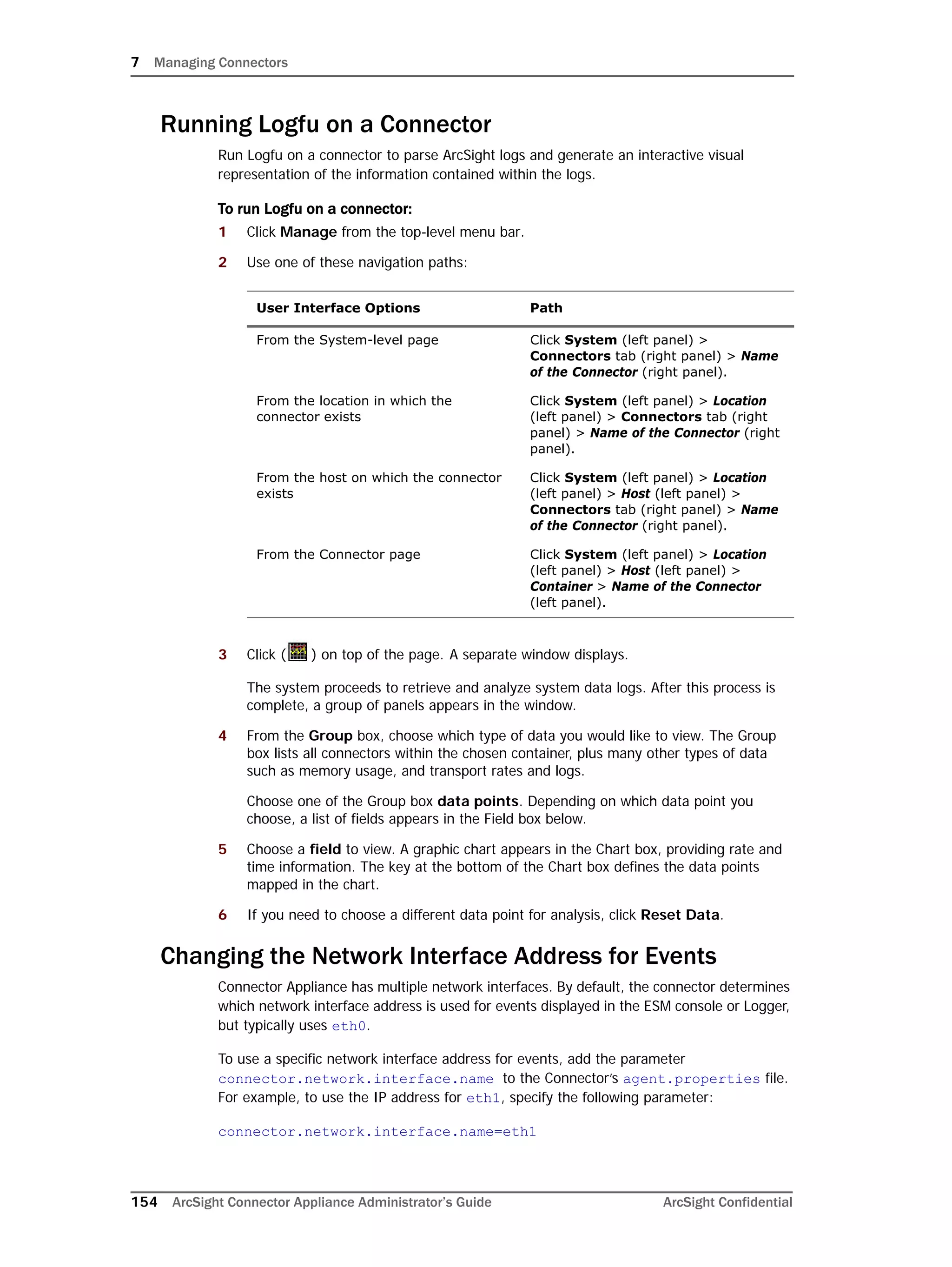 7 Managing Connectors
154 ArcSight Connector Appliance Administrator’s Guide ArcSight Confidential
Running Logfu on a Connector
Run Logfu on a connector to parse ArcSight logs and generate an interactive visual
representation of the information contained within the logs.
To run Logfu on a connector:
1 Click Manage from the top-level menu bar.
2 Use one of these navigation paths:
3 Click ( ) on top of the page. A separate window displays.
The system proceeds to retrieve and analyze system data logs. After this process is
complete, a group of panels appears in the window.
4 From the Group box, choose which type of data you would like to view. The Group
box lists all connectors within the chosen container, plus many other types of data
such as memory usage, and transport rates and logs.
Choose one of the Group box data points. Depending on which data point you
choose, a list of fields appears in the Field box below.
5 Choose a field to view. A graphic chart appears in the Chart box, providing rate and
time information. The key at the bottom of the Chart box defines the data points
mapped in the chart.
6 If you need to choose a different data point for analysis, click Reset Data.
Changing the Network Interface Address for Events
Connector Appliance has multiple network interfaces. By default, the connector determines
which network interface address is used for events displayed in the ESM console or Logger,
but typically uses eth0.
To use a specific network interface address for events, add the parameter
connector.network.interface.name to the Connector’s agent.properties file.
For example, to use the IP address for eth1, specify the following parameter:
connector.network.interface.name=eth1
User Interface Options Path
From the System-level page Click System (left panel) >
Connectors tab (right panel) > Name
of the Connector (right panel).
From the location in which the
connector exists
Click System (left panel) > Location
(left panel) > Connectors tab (right
panel) > Name of the Connector (right
panel).
From the host on which the connector
exists
Click System (left panel) > Location
(left panel) > Host (left panel) >
Connectors tab (right panel) > Name
of the Connector (right panel).
From the Connector page Click System (left panel) > Location
(left panel) > Host (left panel) >
Container > Name of the Connector
(left panel).
 