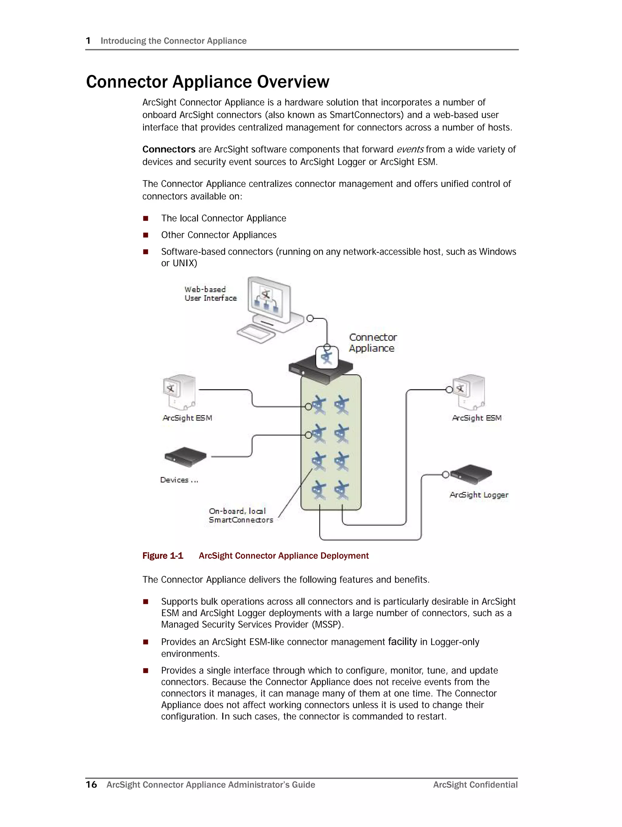 1 Introducing the Connector Appliance
16 ArcSight Connector Appliance Administrator’s Guide ArcSight Confidential
Connector Appliance Overview
ArcSight Connector Appliance is a hardware solution that incorporates a number of
onboard ArcSight connectors (also known as SmartConnectors) and a web-based user
interface that provides centralized management for connectors across a number of hosts.
Connectors are ArcSight software components that forward events from a wide variety of
devices and security event sources to ArcSight Logger or ArcSight ESM.
The Connector Appliance centralizes connector management and offers unified control of
connectors available on:
 The local Connector Appliance
 Other Connector Appliances
 Software-based connectors (running on any network-accessible host, such as Windows
or UNIX)
Figure 1-1 ArcSight Connector Appliance Deployment
The Connector Appliance delivers the following features and benefits.
 Supports bulk operations across all connectors and is particularly desirable in ArcSight
ESM and ArcSight Logger deployments with a large number of connectors, such as a
Managed Security Services Provider (MSSP).
 Provides an ArcSight ESM-like connector management facility in Logger-only
environments.
 Provides a single interface through which to configure, monitor, tune, and update
connectors. Because the Connector Appliance does not receive events from the
connectors it manages, it can manage many of them at one time. The Connector
Appliance does not affect working connectors unless it is used to change their
configuration. In such cases, the connector is commanded to restart.
 