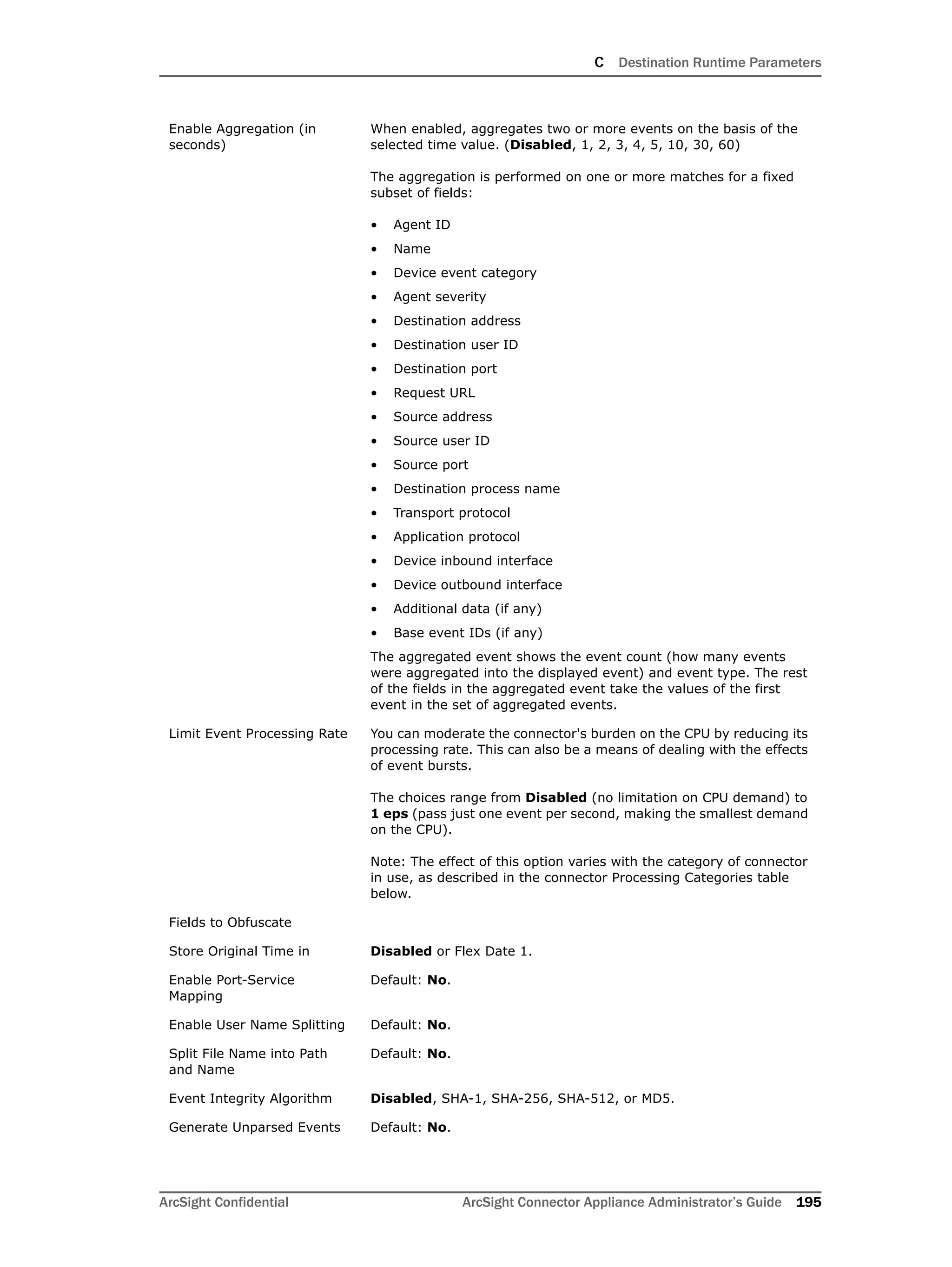 C Destination Runtime Parameters
ArcSight Confidential ArcSight Connector Appliance Administrator’s Guide 195
Enable Aggregation (in
seconds)
When enabled, aggregates two or more events on the basis of the
selected time value. (Disabled, 1, 2, 3, 4, 5, 10, 30, 60)
The aggregation is performed on one or more matches for a fixed
subset of fields:
• Agent ID
• Name
• Device event category
• Agent severity
• Destination address
• Destination user ID
• Destination port
• Request URL
• Source address
• Source user ID
• Source port
• Destination process name
• Transport protocol
• Application protocol
• Device inbound interface
• Device outbound interface
• Additional data (if any)
• Base event IDs (if any)
The aggregated event shows the event count (how many events
were aggregated into the displayed event) and event type. The rest
of the fields in the aggregated event take the values of the first
event in the set of aggregated events.
Limit Event Processing Rate You can moderate the connector's burden on the CPU by reducing its
processing rate. This can also be a means of dealing with the effects
of event bursts.
The choices range from Disabled (no limitation on CPU demand) to
1 eps (pass just one event per second, making the smallest demand
on the CPU).
Note: The effect of this option varies with the category of connector
in use, as described in the connector Processing Categories table
below.
Fields to Obfuscate
Store Original Time in Disabled or Flex Date 1.
Enable Port-Service
Mapping
Default: No.
Enable User Name Splitting Default: No.
Split File Name into Path
and Name
Default: No.
Event Integrity Algorithm Disabled, SHA-1, SHA-256, SHA-512, or MD5.
Generate Unparsed Events Default: No.
 