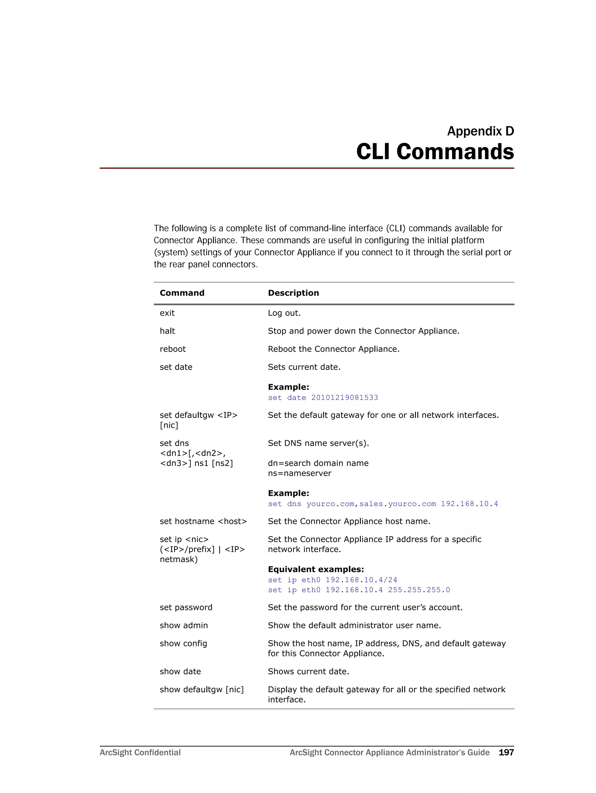 ArcSight Confidential ArcSight Connector Appliance Administrator’s Guide 197
Appendix D
CLI Commands
The following is a complete list of command-line interface (CLI) commands available for
Connector Appliance. These commands are useful in configuring the initial platform
(system) settings of your Connector Appliance if you connect to it through the serial port or
the rear panel connectors.
Command Description
exit Log out.
halt Stop and power down the Connector Appliance.
reboot Reboot the Connector Appliance.
set date Sets current date.
Example:
set date 20101219081533
set defaultgw <IP>
[nic]
Set the default gateway for one or all network interfaces.
set dns
<dn1>[,<dn2>,
<dn3>] ns1 [ns2]
Set DNS name server(s).
dn=search domain name
ns=nameserver
Example:
set dns yourco.com,sales.yourco.com 192.168.10.4
set hostname <host> Set the Connector Appliance host name.
set ip <nic>
(<IP>/prefix] | <IP>
netmask)
Set the Connector Appliance IP address for a specific
network interface.
Equivalent examples:
set ip eth0 192.168.10.4/24
set ip eth0 192.168.10.4 255.255.255.0
set password Set the password for the current user’s account.
show admin Show the default administrator user name.
show config Show the host name, IP address, DNS, and default gateway
for this Connector Appliance.
show date Shows current date.
show defaultgw [nic] Display the default gateway for all or the specified network
interface.
 