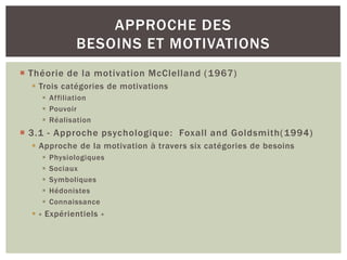 APPROCHE DES
              BESOINS ET MOTIVATIONS
 Théorie de la motivation McClelland ( 1967)
   Trois catégories de motivations
     Affiliation
     Pouvoir
     Réalisation
 3.1 - Approche psychologique: Foxall and Goldsmith( 1994)
   Approche de la motivation à travers six catégories de besoins
       Physiologiques
       Sociaux
       Symboliques
       Hédonistes
       Connaissance
   « Expérientiels »
 