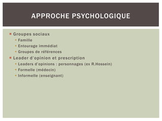 APPROCHE PSYCHOLOGIQUE

 Groupes sociaux
   Famille
   Entourage immédiat
   Groupes de références
 Leader d’opinion et prescription
   Leaders d’opinions : personnages (ex R.Hossein)
   Formelle (médecin)
   Informelle (enseignant)
 