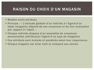 RAISON DU CHOIX D’UN MAGASIN

 Modèle multi-attributs
 Principe : « L’attitude globale d’un individu à l’égard d’un
  objet (magasin) dépend de ses croyances et de leur évaluation
  par rapport à l’objet. »
 Chaque individu dispose d’un ensemble de croyances
  personnelles (attributs)à l’égard d’un type de magasins
 Ces attributs sont évalués et pondérés selon leur importance.
 Chaque magasin est ainsi noté et comparé aux autres.
 