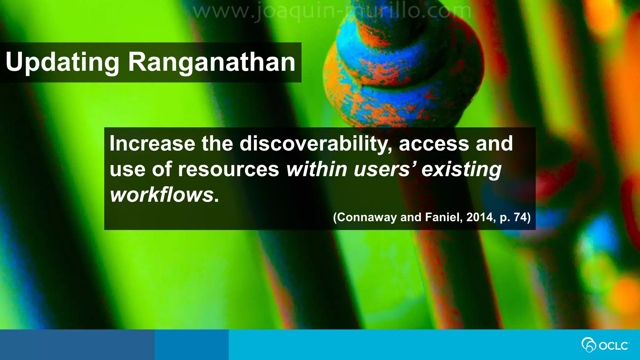 Increase the discoverability, access and
use of resources within users’ existing
workflows.
(Connaway and Faniel, 2014, p. 74)
Updating Ranganathan
 