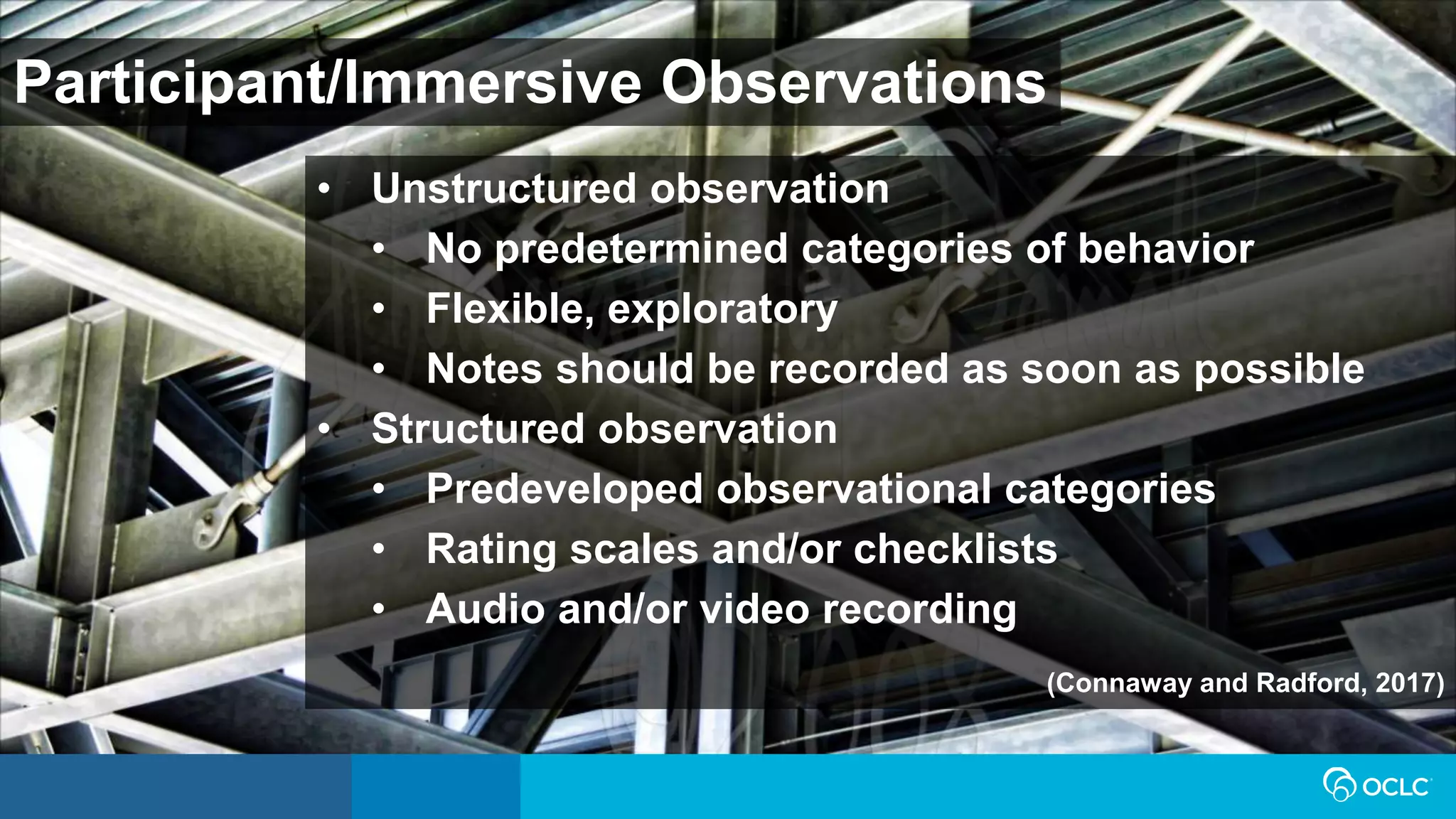 Participant/Immersive Observations
• Unstructured observation
• No predetermined categories of behavior
• Flexible, exploratory
• Notes should be recorded as soon as possible
• Structured observation
• Predeveloped observational categories
• Rating scales and/or checklists
• Audio and/or video recording
(Connaway and Radford, 2017)
 