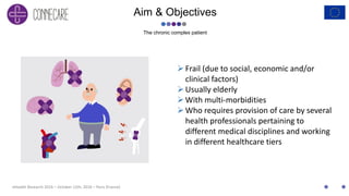 eHealth Research 2016 – October 12th, 2016 – Paris (France)
Aim & Objectives
The chronic complex patient
Frail (due to social, economic and/or
clinical factors)
Usually elderly
With multi-morbidities
Who requires provision of care by several
health professionals pertaining to
different medical disciplines and working
in different healthcare tiers
 