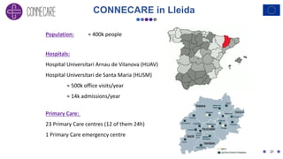 CONNECARE in Lleida
21
Population: ≈ 400k people
Hospitals:
Hospital Universitari Arnau de Vilanova (HUAV)
Hospital Universitari de Santa Maria (HUSM)
≈ 500k office visits/year
≈ 14k admissions/year
Primary Care:
23 Primary Care centres (12 of them 24h)
1 Primary Care emergency centre
 