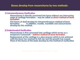 Bones develop from mesenchyme by two methods:
1) Intramembranous Ossification
Mesenchyme is directly converted into bone without any intervening
stage of cartilage formation – may be called as direct method of bone
formation
Flat bones of skull develop by intramembranous method of bone
formation. In addition, maxilla, mandible and clavical bones
develop by this method.
2) Endochondral Ossification
Mesenchyme is first converted into cartilage which serves as a
temporary framework – Indirect method of bone formation
Replacement of the cartilage is a slow process which is not achieved
until the bone has reached its full size and the growth has ceased.
Most of the bones of the body develop by this method of ossification
Connective and supportive tissue - Bone
 