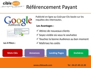 www.cibleweb.com Tel : 04.67.49.12.20
Référencement Payant
Publicité en ligne au Coût par Clic basée sur les
requêtes des internautes.
Les 4 Piliers :
Les Avantages :
 Attirez de nouveaux clients
 Soyez visible où vous le souhaitez
 Touchez la bonne Audience au bon moment
 Maîtrisez les coûts
Mots Clés Annonces Landing Pages Enchères
 