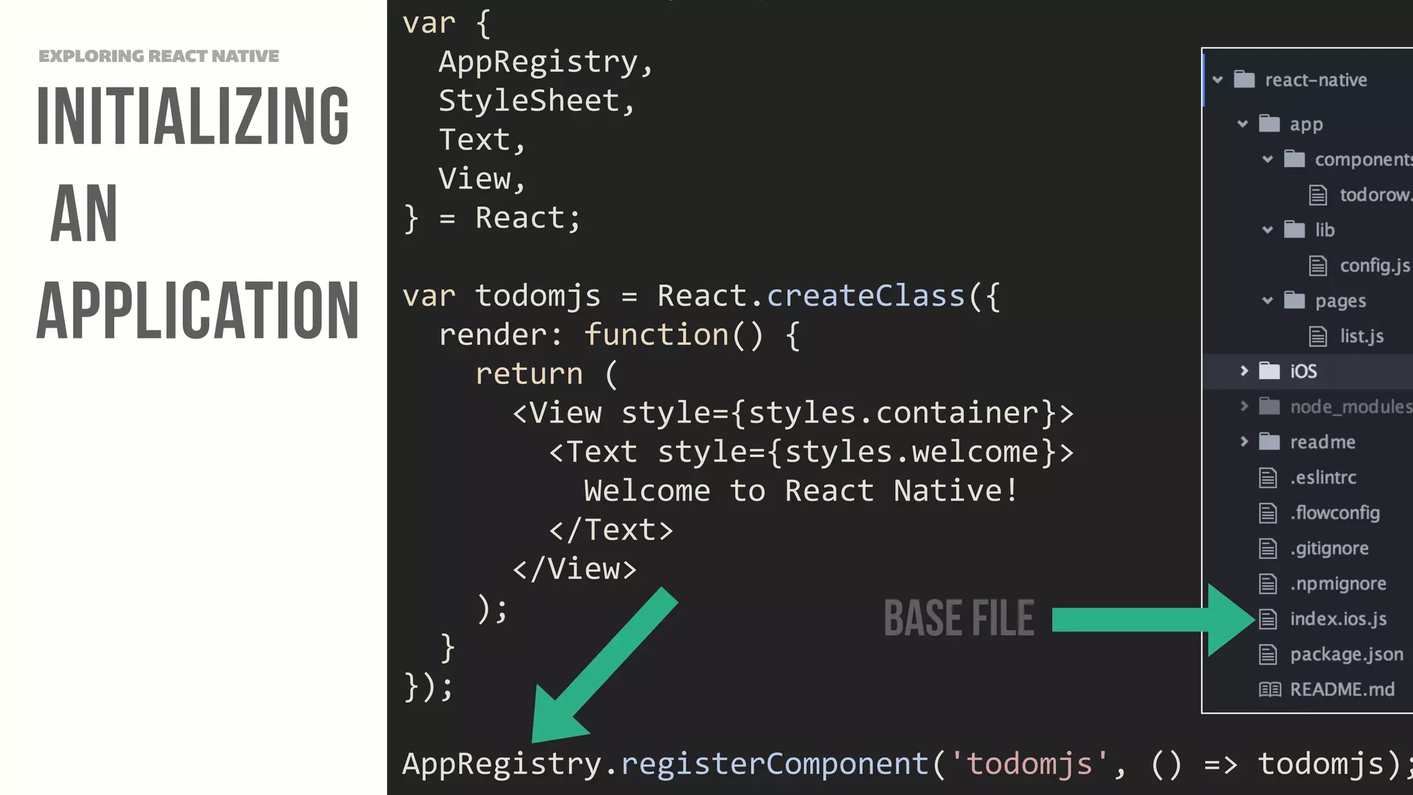 Initializing
an
Application
EXPLORING REACT NATIVE
var	
  {	
  
	
  	
  AppRegistry,	
  
	
  	
  StyleSheet,	
  
	
  	
  Text,	
  
	
  	
  View,	
  
}	
  =	
  React;	
  
var	
  todomjs	
  =	
  React.createClass({	
  
	
  	
  render:	
  function()	
  {	
  
	
  	
  	
  	
  return	
  (	
  
	
  	
  	
  	
  	
  	
  <View	
  style={styles.container}>	
  
	
  	
  	
  	
  	
  	
  	
  	
  <Text	
  style={styles.welcome}>	
  
	
  	
  	
  	
  	
  	
  	
  	
  	
  	
  Welcome	
  to	
  React	
  Native!	
  
	
  	
  	
  	
  	
  	
  	
  	
  </Text>	
  
	
  	
  	
  	
  	
  	
  </View>	
  
	
  	
  	
  	
  );	
  
	
  	
  }	
  
});	
  
AppRegistry.registerComponent('todomjs',	
  ()	
  =>	
  todomjs);
Base File
 