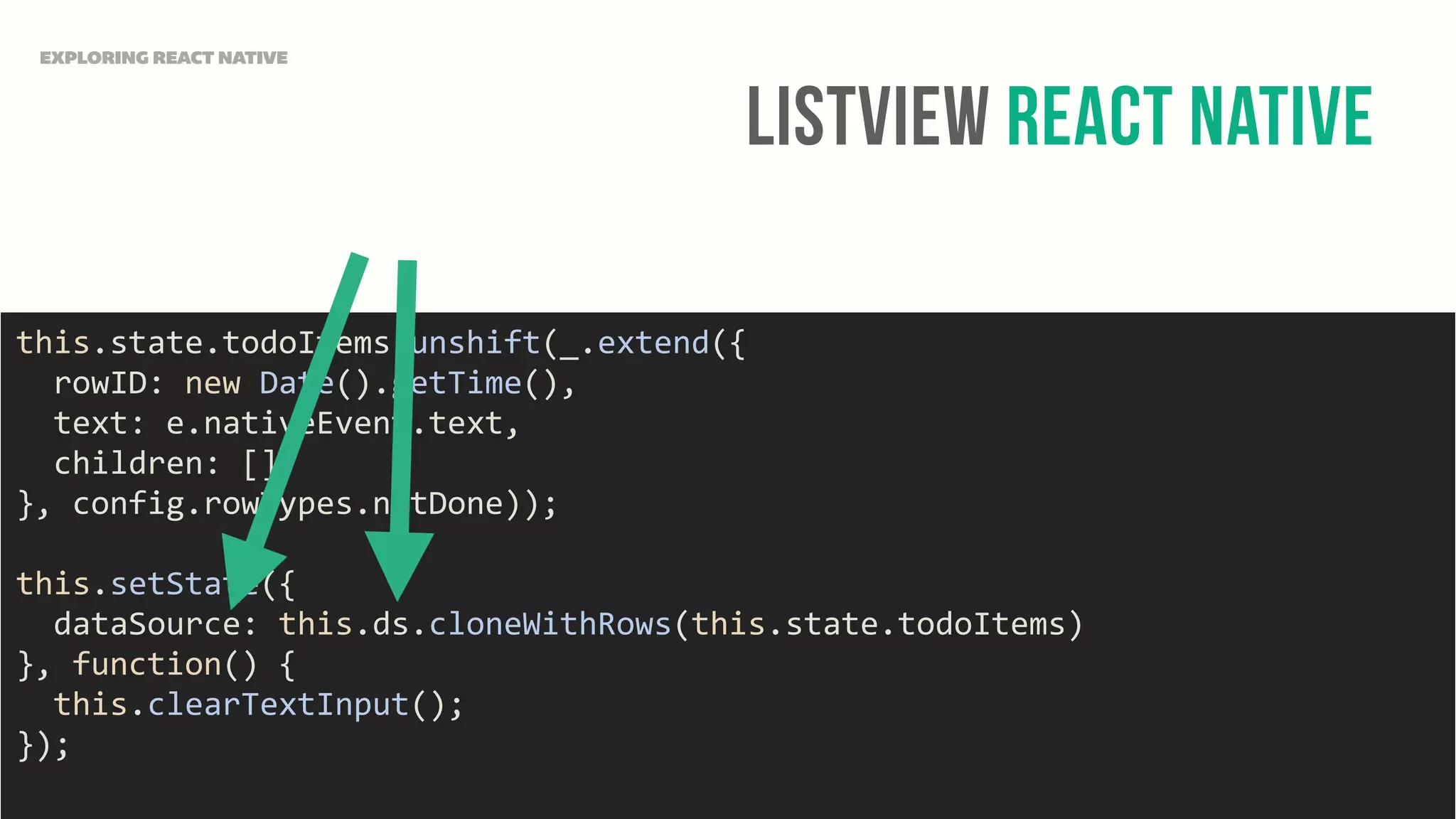ListView React Native
EXPLORING REACT NATIVE
this.state.todoItems.unshift(_.extend({	
  
	
  	
  rowID:	
  new	
  Date().getTime(),	
  
	
  	
  text:	
  e.nativeEvent.text,	
  
	
  	
  children:	
  []	
  
},	
  config.rowTypes.notDone));	
  
this.setState({	
  
	
  	
  dataSource:	
  this.ds.cloneWithRows(this.state.todoItems)	
  
},	
  function()	
  {	
  
	
  	
  this.clearTextInput();	
  
});	
  
 