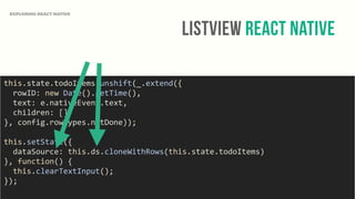 ListView React Native
EXPLORING REACT NATIVE
this.state.todoItems.unshift(_.extend({	
  
	
  	
  rowID:	
  new	
  Date().getTime(),	
  
	
  	
  text:	
  e.nativeEvent.text,	
  
	
  	
  children:	
  []	
  
},	
  config.rowTypes.notDone));	
  
this.setState({	
  
	
  	
  dataSource:	
  this.ds.cloneWithRows(this.state.todoItems)	
  
},	
  function()	
  {	
  
	
  	
  this.clearTextInput();	
  
});	
  
 