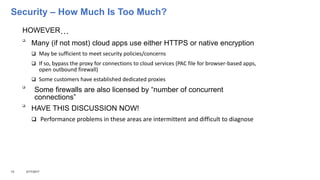 Security – How Much Is Too Much?
HOWEVER…

Many (if not most) cloud apps use either HTTPS or native encryption
 May be sufficient to meet security policies/concerns
 If so, bypass the proxy for connections to cloud services (PAC file for browser-based apps,
open outbound firewall)
 Some customers have established dedicated proxies

Some firewalls are also licensed by “number of concurrent
connections”

HAVE THIS DISCUSSION NOW!
 Performance problems in these areas are intermittent and difficult to diagnose
12 3/17/2017
 