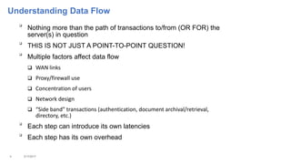 Understanding Data Flow

Nothing more than the path of transactions to/from (OR FOR) the
server(s) in question

THIS IS NOT JUST A POINT-TO-POINT QUESTION!

Multiple factors affect data flow
 WAN links
 Proxy/firewall use
 Concentration of users
 Network design
 “Side band” transactions (authentication, document archival/retrieval,
directory, etc.)

Each step can introduce its own latencies

Each step has its own overhead
4 3/17/2017
 
