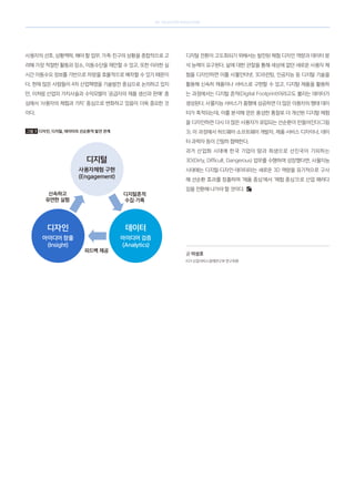 SK telecom magazine
사용자의 선호, 상황맥락, 해야 할 업무, 가족·친구의 상황을 종합적으로 고
려해 가장 적절한 활동과 장소, 이동수단을 제안할 수 있고, 또한 이러한 실
시간 이동수요 정보를 기반으로 차량을 효율적으로 배차할 수 있기 때문이
다. 현재 많은 사람들이 4차 산업혁명을 기술발전 중심으로 논의하고 있지
만, 이처럼 산업의 가치사슬과 수익모델이 ‘공급자의 제품 생산과 판매’ 중
심에서 ‘사용자의 체험과 가치’ 중심으로 변화하고 있음이 더욱 중요한 것
이다.
그림 3 디자인, 디지털, 데이터의 선순환적 발전 관계
디지털 전환이 고도화되기 위해서는 발전된 체험 디자인 역량과 데이터 분
석 능력이 요구된다. 삶에 대한 관찰을 통해 세상에 없던 새로운 사용자 체
험을 디자인하면 이를 사물인터넷, 3D프린팅, 인공지능 등 디지털 기술을
활용해 신속히 제품이나 서비스로 구현할 수 있고, 디지털 제품을 활용하
는 과정에서는 디지털 흔적(Digital Footprint)이라고도 불리는 데이터가
생성된다. 사물지능 서비스가 흥행에 성공하면 더 많은 이용자의 행태 데이
터가 축적되는데, 이를 분석해 얻은 풍성한 통찰로 더 개선된 디지털 체험
을 디자인하면 다시 더 많은 사용자가 유입되는 선순환이 만들어진다(그림
3). 이 과정에서 하드웨어·소프트웨어 개발자, 제품·서비스 디자이너, 데이
터 과학자 등이 긴밀히 협력한다.
과거 산업화 시대에 한국 기업이 땀과 희생으로 선진국이 기피하는
3D(Dirty, Difficult, Dangerous) 업무를 수행하며 성장했다면, 사물지능
시대에는 디지털·디자인·데이터라는 새로운 3D 역량을 유기적으로 구사
해 선순환 효과를 창출하며 ‘제품 중심’에서 ‘체험 중심’으로 산업 패러다
임을 전환해 나가야 할 것이다.
글 이성호
KDI 산업서비스경제연구부 연구위원
신속하고
유연한 실험
디지털흔적
수집·기록
피드백 제공
데이터
아이디어 검증
(Analytics)
디자인
아이디어 창출
(Insight)
디지털
사용자체험 구현
(Engagement)
 