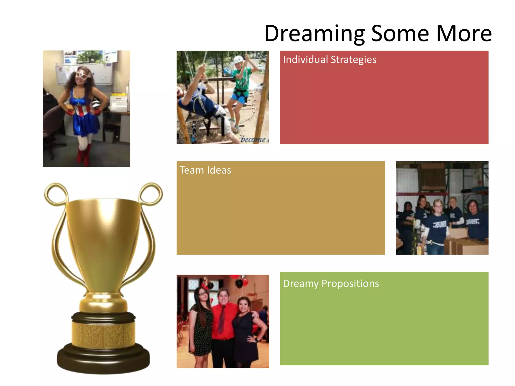 Dreaming Some More
Individual Strategies
Team Ideas
Dreamy Propositions
 