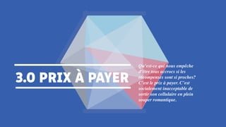 3.0 PRIX À PAYER
Qu’est-ce qui nous empêche
d’être tous accrocs si les
récompenses sont si proches?
C’est le prix à payer. C’est
socialement inacceptable de
sortir son cellulaire en plein
souper romantique.
 