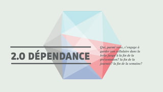 2.0 DÉPENDANCE
Qui, parmi vous, s’engage à
garder son cellulaire dans la
boîte jusqu’à la ﬁn de la
présentation? la ﬁn de la
journée? la ﬁn de la semaine?
 