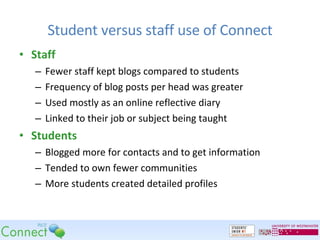 Student versus staff use of Connect Staff Fewer staff kept blogs compared to students Frequency of blog posts per head was greater Used mostly as an online reflective diary Linked to their job or subject being taught Students Blogged more for contacts and to get information Tended to own fewer communities More students created detailed profiles 