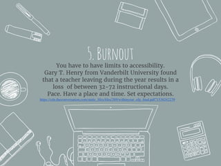 5.BurnoutYou have to have limits to accessibility.
Gary T. Henry from Vanderbilt University found
that a teacher leaving during the year results in a
loss of between 32-72 instructional days.
Pace. Have a place and time. Set expectations.
https://cdn.theconversation.com/static_ﬁles/ﬁles/269/withinyear_efp_ﬁnal.pdf?1536242239
 