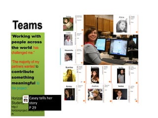Teams
“Working with
people across
the world has
challenged me.”
“The majority of my
partners wanted to
contribute
something
meaningful to
the project.”
Horizon Project
Students
http://
horizonproject.wikispaces.co
m
Casey	tells	her	
story
P	29
 