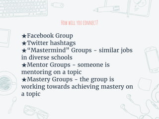 Howwillyouconnect?
★Facebook Group
★Twitter hashtags
★“Mastermind” Groups - similar jobs
in diverse schools
★Mentor Groups - someone is
mentoring on a topic
★Mastery Groups - the group is
working towards achieving mastery on
a topic
 
