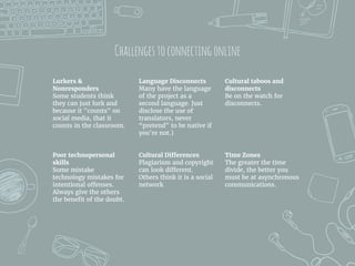 Challengestoconnectingonline
Lurkers &
Nonresponders
Some students think
they can just lurk and
because it "counts" on
social media, that it
counts in the classroom.
Language Disconnects
Many have the language
of the project as a
second language. Just
disclose the use of
translators, never
“pretend" to be native if
you're not.)
Cultural taboos and
disconnects
Be on the watch for
disconnects.
Poor technopersonal
skills
Some mistake
technology mistakes for
intentional offenses.
Always give the others
the benefit of the doubt.
Cultural Differences
Plagiarism and copyright
can look different.
Others think it is a social
network
Time Zones
The greater the time
divide, the better you
must be at asynchronous
communications.
 