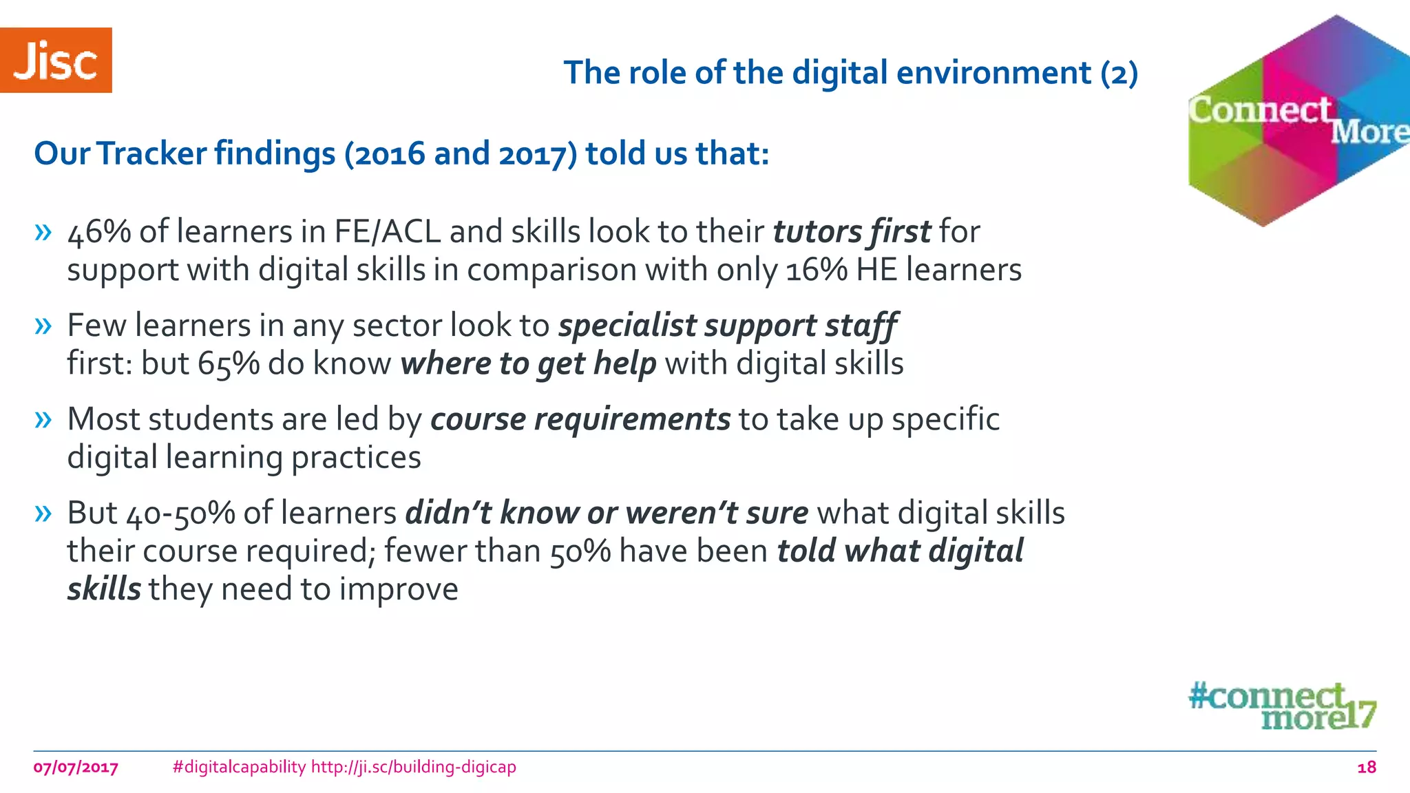 The role of the digital environment (2)
» 46% of learners in FE/ACL and skills look to their tutors first for
support with digital skills in comparison with only 16% HE learners
» Few learners in any sector look to specialist support staff
first: but 65% do know where to get help with digital skills
» Most students are led by course requirements to take up specific
digital learning practices
» But 40-50% of learners didn’t know or weren’t sure what digital skills
their course required; fewer than 50% have been told what digital
skills they need to improve
OurTracker findings (2016 and 2017) told us that:
07/07/2017 #digitalcapability http://ji.sc/building-digicap 18
 