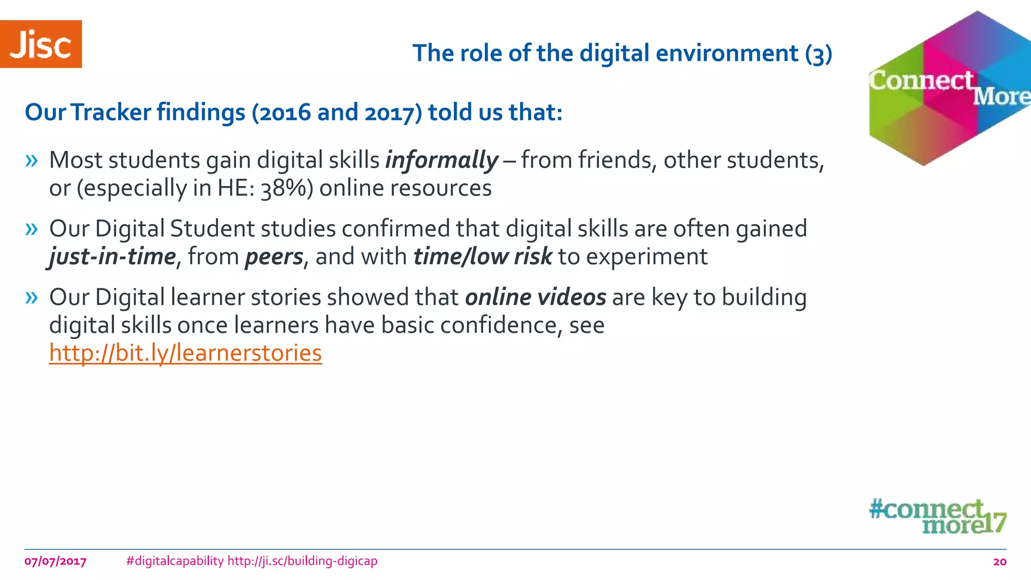 The role of the digital environment (3)
» Most students gain digital skills informally – from friends, other students,
or (especially in HE: 38%) online resources
» Our Digital Student studies confirmed that digital skills are often gained
just-in-time, from peers, and with time/low risk to experiment
» Our Digital learner stories showed that online videos are key to building
digital skills once learners have basic confidence, see
http://bit.ly/learnerstories
OurTracker findings (2016 and 2017) told us that:
07/07/2017 #digitalcapability http://ji.sc/building-digicap 20
 