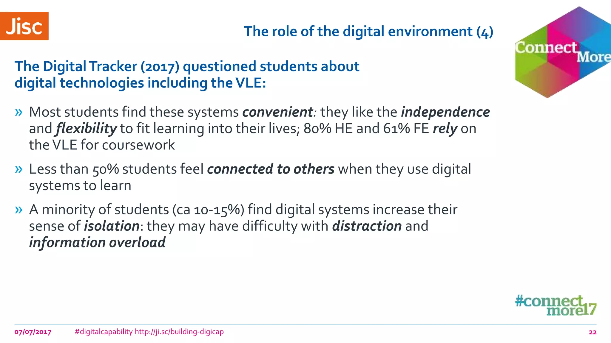 The role of the digital environment (4)
» Most students find these systems convenient: they like the independence
and flexibility to fit learning into their lives; 80% HE and 61% FE rely on
theVLE for coursework
» Less than 50% students feel connected to others when they use digital
systems to learn
» A minority of students (ca 10-15%) find digital systems increase their
sense of isolation: they may have difficulty with distraction and
information overload
The DigitalTracker (2017) questioned students about
digital technologies including theVLE:
07/07/2017 #digitalcapability http://ji.sc/building-digicap 22
 