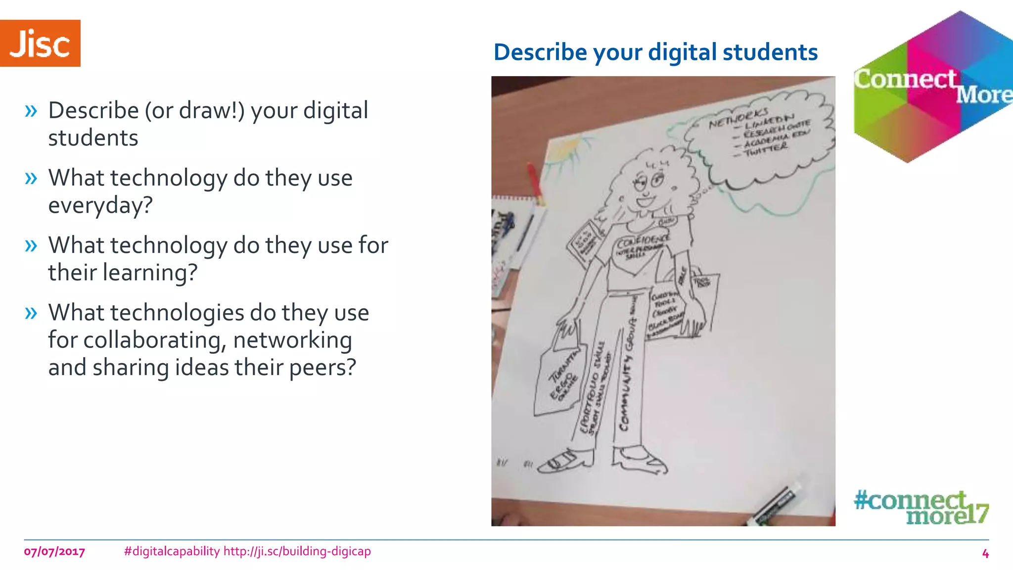 Describe your digital students
» Describe (or draw!) your digital
students
» What technology do they use
everyday?
» What technology do they use for
their learning?
» What technologies do they use
for collaborating, networking
and sharing ideas their peers?
07/07/2017 #digitalcapability http://ji.sc/building-digicap 4
 
