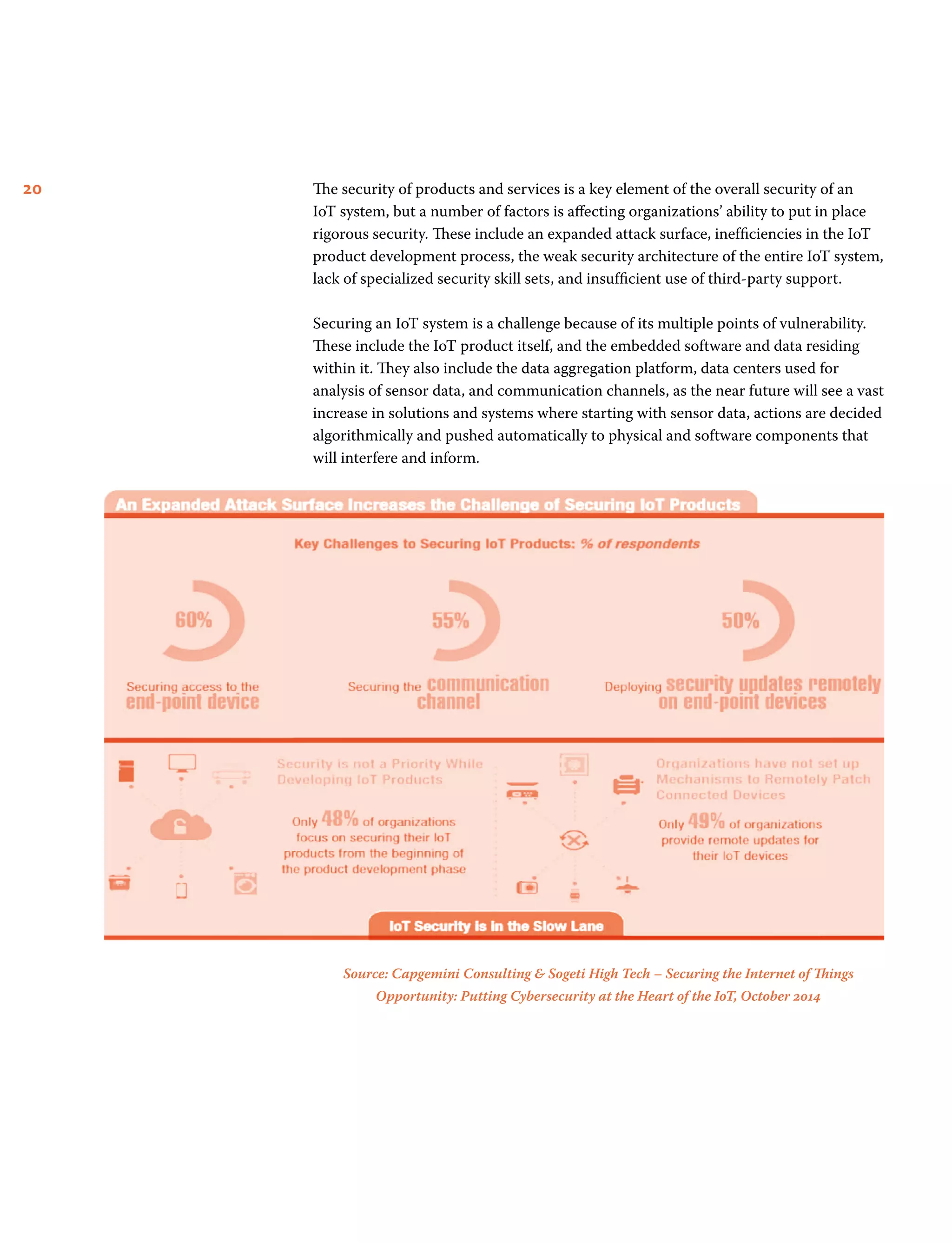 20 The security of products and services is a key element of the overall security of an
IoT system, but a number of factors is affecting organizations’ ability to put in place
rigorous security. These include an expanded attack surface, inefﬁciencies in the IoT
product development process, the weak security architecture of the entire IoT system,
lack of specialized security skill sets, and insufﬁcient use of third-party support.
Securing an IoT system is a challenge because of its multiple points of vulnerability.
These include the IoT product itself, and the embedded software and data residing
within it. They also include the data aggregation platform, data centers used for
analysis of sensor data, and communication channels, as the near future will see a vast
increase in solutions and systems where starting with sensor data, actions are decided
algorithmically and pushed automatically to physical and software components that
will interfere and inform.
Source: Capgemini Consulting  Sogeti High Tech – Securing the Internet of Things
Opportunity: Putting Cybersecurity at the Heart of the IoT, October 2014
 