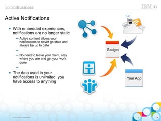 Active Notifications
    With embedded experiences,
     notifications are no longer static
         ─ Active content allows your
           notifications to never go stale and
           always be up to date
         ─                                       Gadget
         ─ No need to leave your client, stay
           where you are and get your work
           done
         ─
    The data used in your
     notifications is unlimited, you                      Your App
     have access to anything




     © 2013 IBM Corporation
 