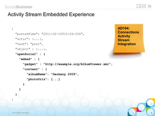 Activity Stream Embedded Experience

 {                                                               AD104:
     "postedTime": "2011-02-10T15:04:55Z",                       Connections
                                                                 Activity
     "actor": {...},                                             Stream
     "verb": "post",                                             Integration
     "object" : {...},
     "openSocial" : {
         "embed" : {
              "gadget" : "http://example.org/AlbumViewer.xml",
              "context" : {
                   "albumName": "Germany 2009",
                   "photoUrls": [...]
              }
         }
     }
 }



 © 2013 IBM Corporation
 