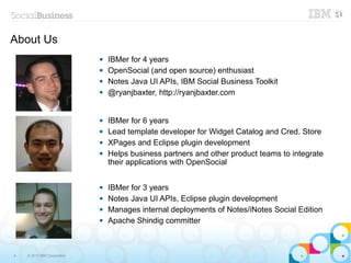 About Us
                                IBMer for 4 years
                                OpenSocial (and open source) enthusiast
                                Notes Java UI APIs, IBM Social Business Toolkit
                                @ryanjbaxter, http://ryanjbaxter.com


                                IBMer for 6 years
                                Lead template developer for Widget Catalog and Cred. Store
                                XPages and Eclipse plugin development
                                Helps business partners and other product teams to integrate
                                 their applications with OpenSocial


                                IBMer for 3 years
                                Notes Java UI APIs, Eclipse plugin development
                                Manages internal deployments of Notes/iNotes Social Edition
                                Apache Shindig committer



4   © 2013 IBM Corporation
 
